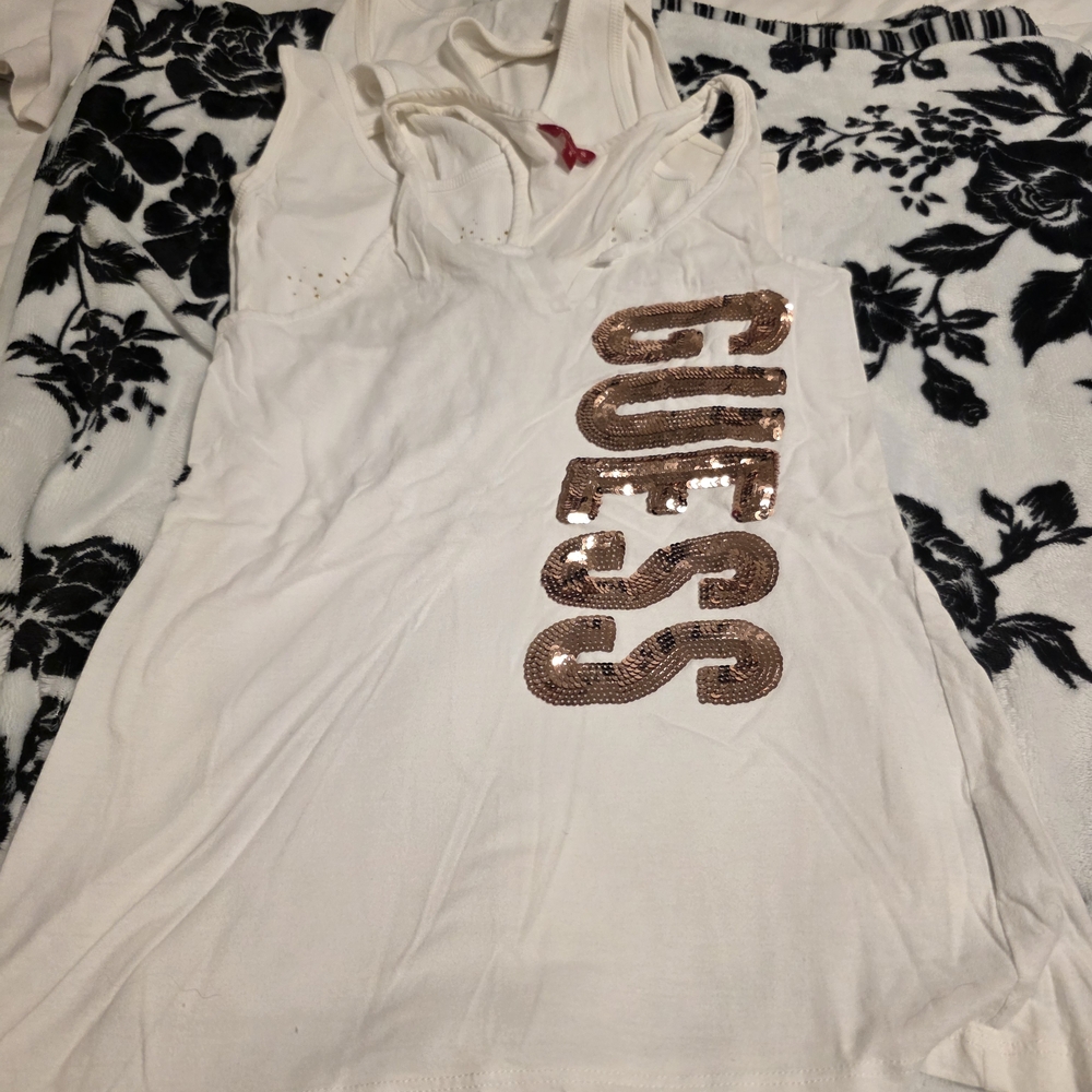 Guess White Tank with Gold Sequin Logo